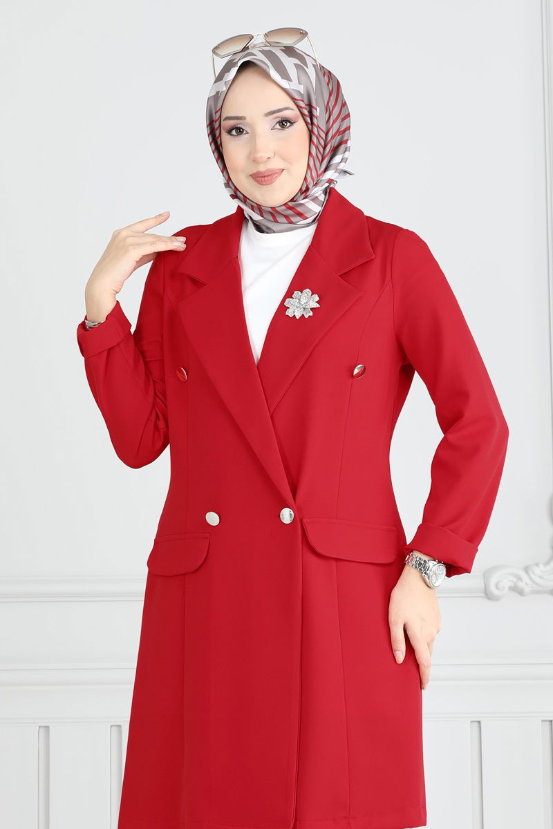 Kruvaze Yaka Ceketli Takım 2626SL432 Kırmızı&Siyah