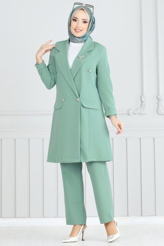 moda selvim Kruvaze Yaka Ceketli Takım 2626SL432 Mint - Thumbnail