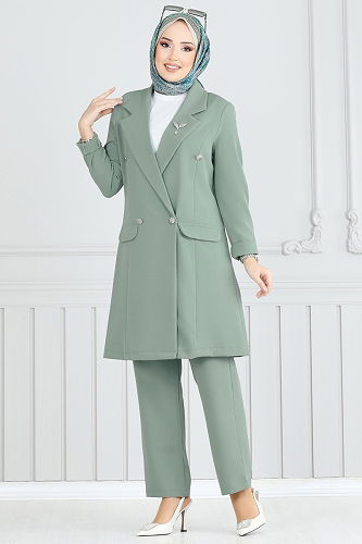 moda selvim Kruvaze Yaka Ceketli Takım 2626SL432 Mint - Thumbnail