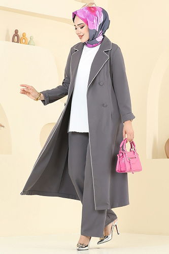 moda selvim Kruvaze Yaka Dabıl Takım 2708SL432 Antrasit - Thumbnail