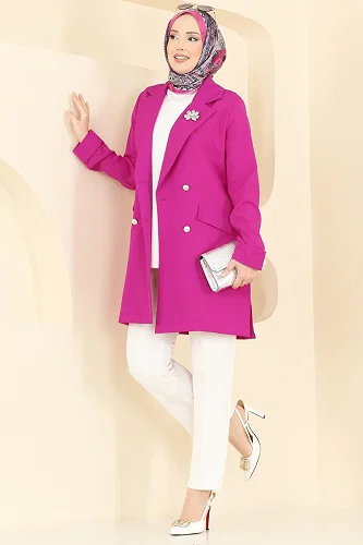 moda selvim Kruvaze Yaka Düğmeli Ceket 2878SLK540 Fuşya - Thumbnail