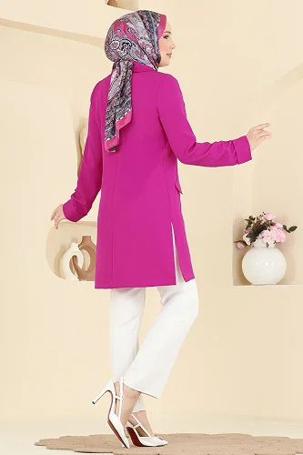 moda selvim Kruvaze Yaka Düğmeli Ceket 2878SLK540 Fuşya - Thumbnail