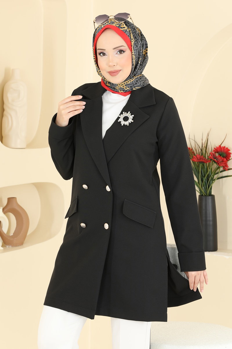Kruvaze Yaka Düğmeli Ceket 2878SLK540 Siyah - Moda Selvim