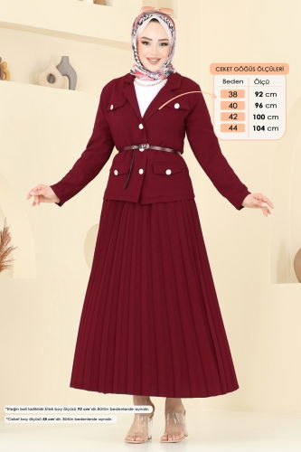 moda selvim Kruvaze Yaka Etekli Takım 6201BSK463 Bordo - Thumbnail