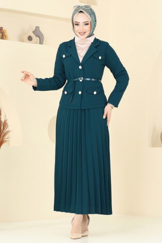 moda selvim Kruvaze Yaka Etekli Takım 6201BSK463 Petrol - Thumbnail
