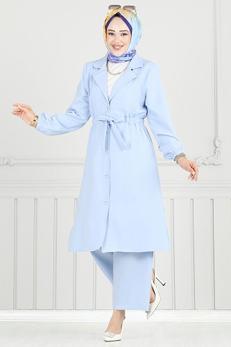 moda selvim Kruvaze Yaka İkili Takım 021MR1078 Bebe Mavisi - Thumbnail