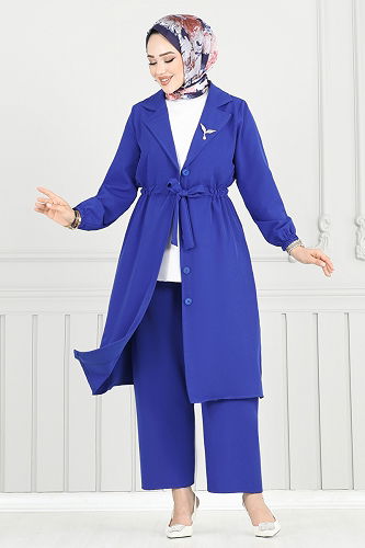 moda selvim Kruvaze Yaka İkili Takım 021MR1078 Saks - Thumbnail