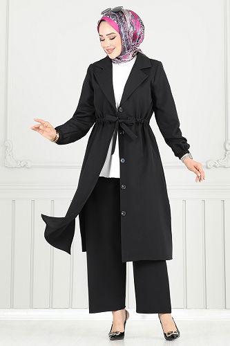 moda selvim Kruvaze Yaka İkili Takım 021MR1078 Siyah - Thumbnail