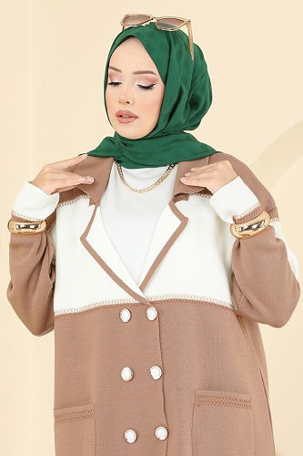 moda selvim Kruvaze Yaka İkili Triko Takım 503OZN1046 Camel - Thumbnail