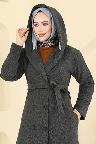 moda selvim Kruvaze Yaka Kapüşonlu Kaban 6234BSK463 Antrasit - Thumbnail