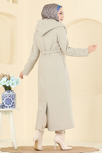 moda selvim Kruvaze Yaka Kapüşonlu Kaban 6234BSK463 Taş - Thumbnail