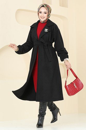 moda selvim Kruvaze Yaka Kaşe Kaban 2059BG354 Siyah - Thumbnail