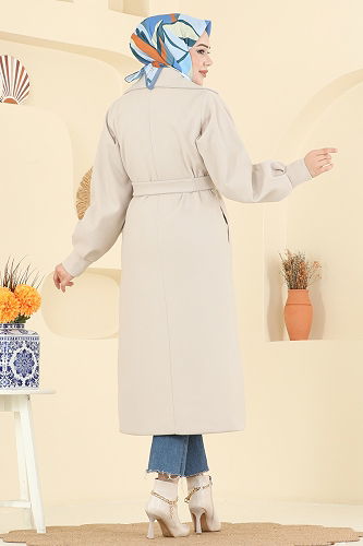 moda selvim Kruvaze Yaka Kaşe Kaban 6253BSK463 Taş - Thumbnail