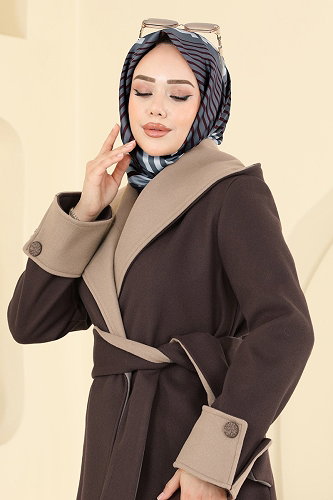 moda selvim Kruvaze Yaka Kaşe Kaban 6662YG95 Acı Kahve - Thumbnail