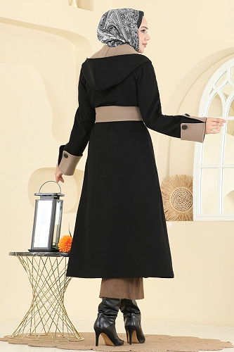 moda selvim Kruvaze Yaka Kaşe Kaban 6662YG95 Vizyon&Siyah - Thumbnail