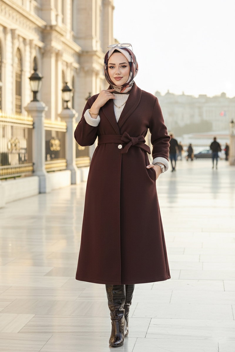 Kruvaze Yaka Kaşe Kaban 6663YG95 Acı Kahve