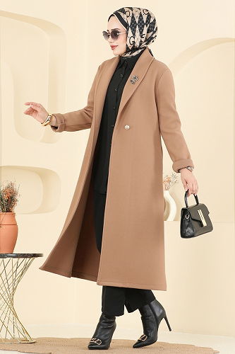 moda selvim Kruvaze Yaka Kaşe Kaban 6663YG95 Camel - Thumbnail