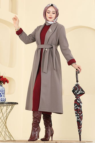 moda selvim Kruvaze Yaka Kaşe Kaban 6663YG95 Koyu Vizyon - Thumbnail