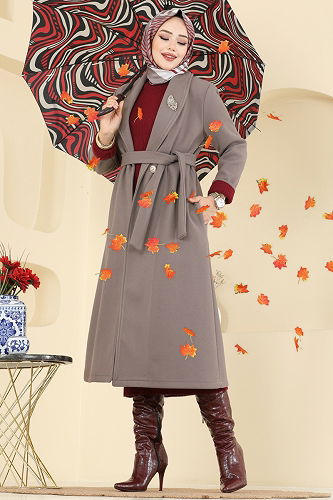 moda selvim Kruvaze Yaka Kaşe Kaban 6663YG95 Koyu Vizyon - Thumbnail