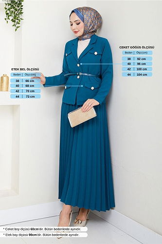 moda selvim Kruvaze Yaka Kemerli Etekli Takım 16201BSK984-M İndigo - Thumbnail
