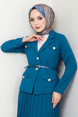 moda selvim Kruvaze Yaka Kemerli Etekli Takım 16201BSK984-M İndigo - Thumbnail