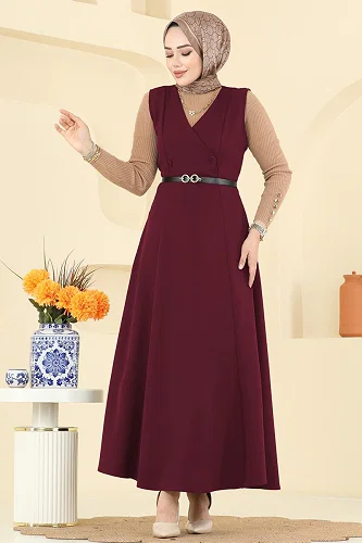moda selvim Kruvaze Yaka Kemerli Jile 5574ZNNK1102 Bordo - Thumbnail