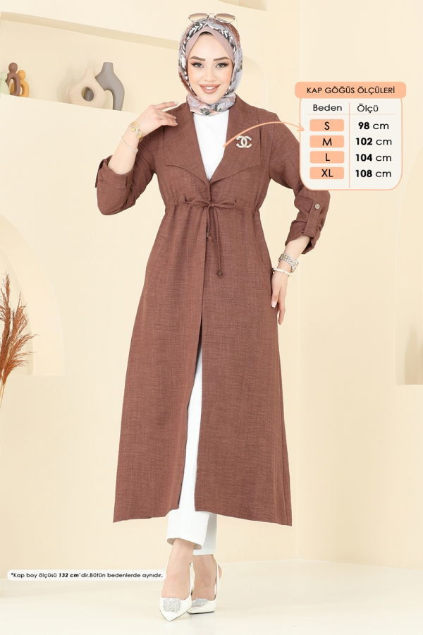 Modaselvim Kap / Kaban Kruvaze Yaka Keten Kap 1134TBL694 Açık Kahve