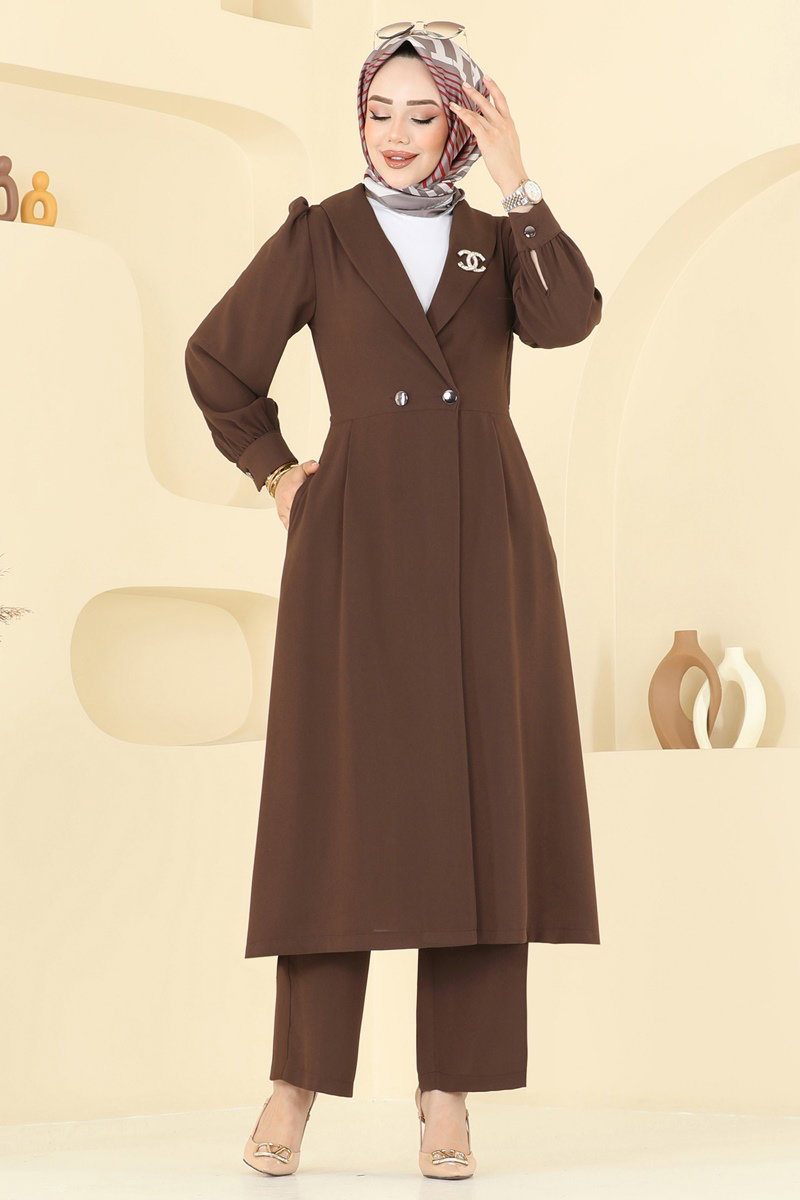 Kruvaze Yaka Krep Takım 6223BSK463 Açık Kahve