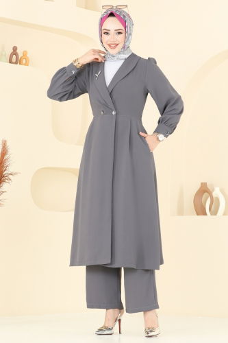 moda selvim Kruvaze Yaka Krep Takım 6223BSK463 Gri - Thumbnail