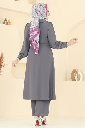 moda selvim Kruvaze Yaka Krep Takım 6223BSK463 Gri - Thumbnail