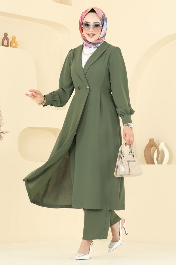 Modaselvim Kombin Kruvaze Yaka Krep Takım 6223BSK463 Haki