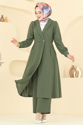 moda selvim Kruvaze Yaka Krep Takım 6223BSK463 Haki - Thumbnail