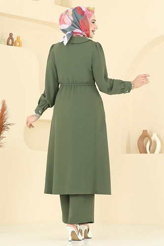 moda selvim Kruvaze Yaka Krep Takım 6223BSK463 Haki - Thumbnail