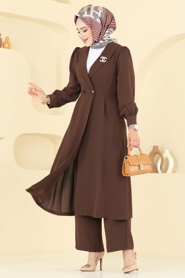 Modaselvim Kombin Kruvaze Yaka Krep Takım 6223BSK463 Kahve