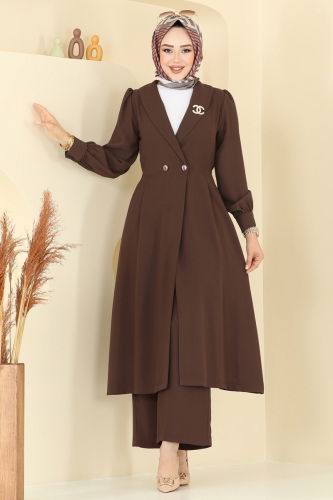 moda selvim Kruvaze Yaka Krep Takım 6223BSK463 Kahve - Thumbnail