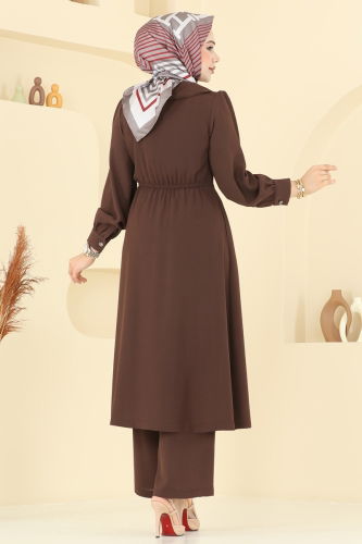 moda selvim Kruvaze Yaka Krep Takım 6223BSK463 Kahve - Thumbnail