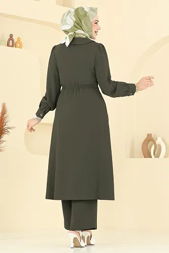 moda selvim Kruvaze Yaka Krep Takım 6223BSK463 Koyu Haki - Thumbnail