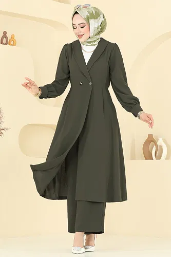 moda selvim Kruvaze Yaka Krep Takım 6223BSK463 Koyu Haki - Thumbnail