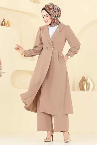 moda selvim Kruvaze Yaka Krep Takım 6223BSK463 Koyu Vizyon - Thumbnail