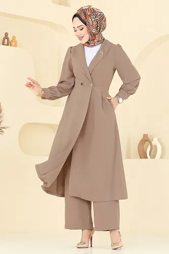 moda selvim Kruvaze Yaka Krep Takım 6223BSK463 Koyu Vizyon - Thumbnail