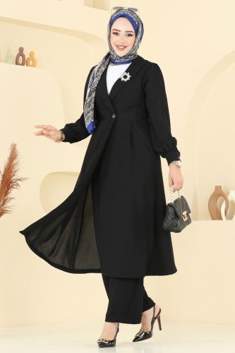 moda selvim Kruvaze Yaka Krep Takım 6223BSK463 Siyah - Thumbnail
