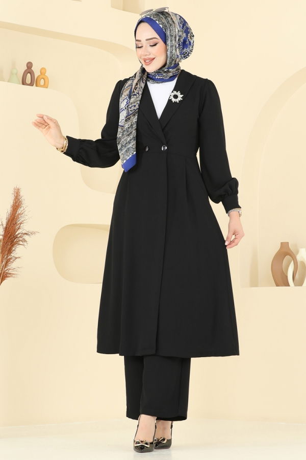 Modaselvim Kombin Kruvaze Yaka Krep Takım 6223BSK463 Siyah