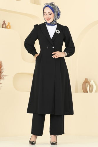 moda selvim Kruvaze Yaka Krep Takım 6223BSK463 Siyah - Thumbnail