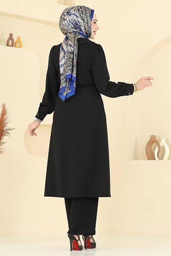 moda selvim Kruvaze Yaka Krep Takım 6223BSK463 Siyah - Thumbnail