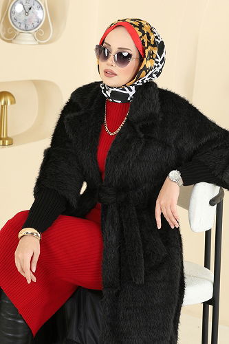 moda selvim Kruvaze Yaka Kürk Kaban 4405AL357 Siyah - Thumbnail