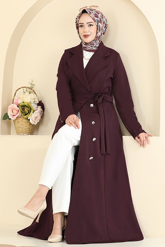 moda selvim Kruvaze Yaka Kuşaklı Ferace 2846SLK540 Açık Mürdüm - Thumbnail