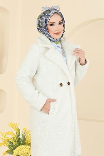 moda selvim Kruvaze Yaka Peluş Kaban 031OZT1013 Ekru - Thumbnail