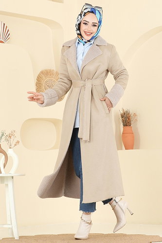 moda selvim Kruvaze Yaka Süet Kaban 9049S324 Bej - Thumbnail