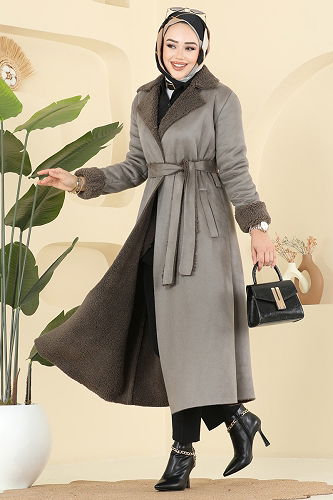 moda selvim Kruvaze Yaka Süet Kaban 9049S324 Haki - Thumbnail