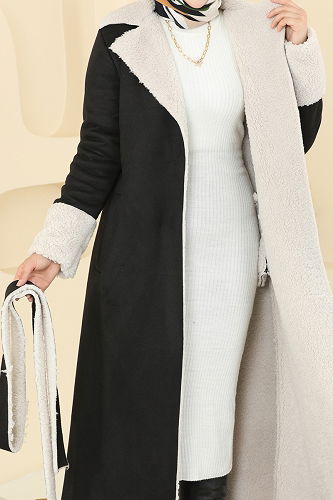 moda selvim Kruvaze Yaka Süet Kaban 9049S324 Siyah - Thumbnail